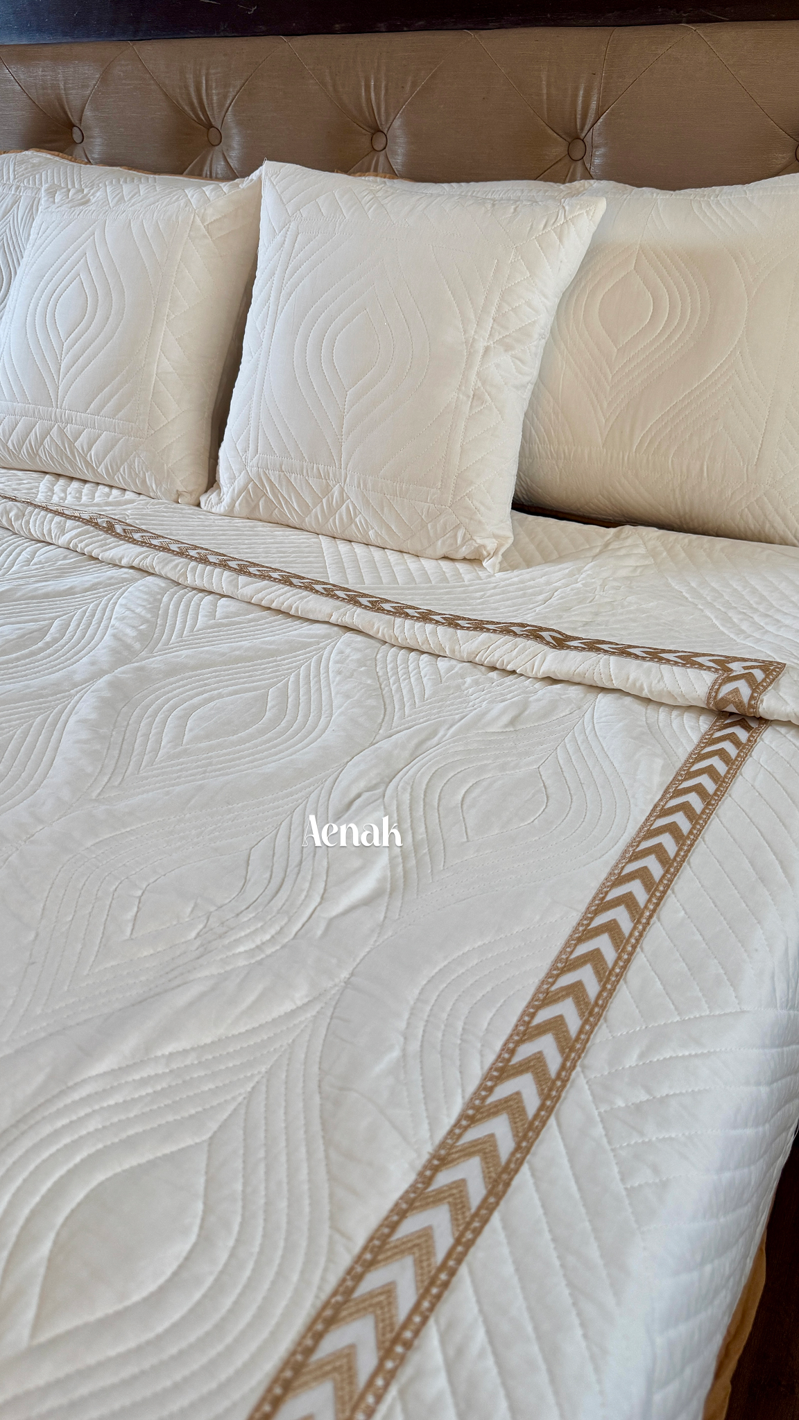 White Embossed Leaf Quilted Bedcover with Brown Lace