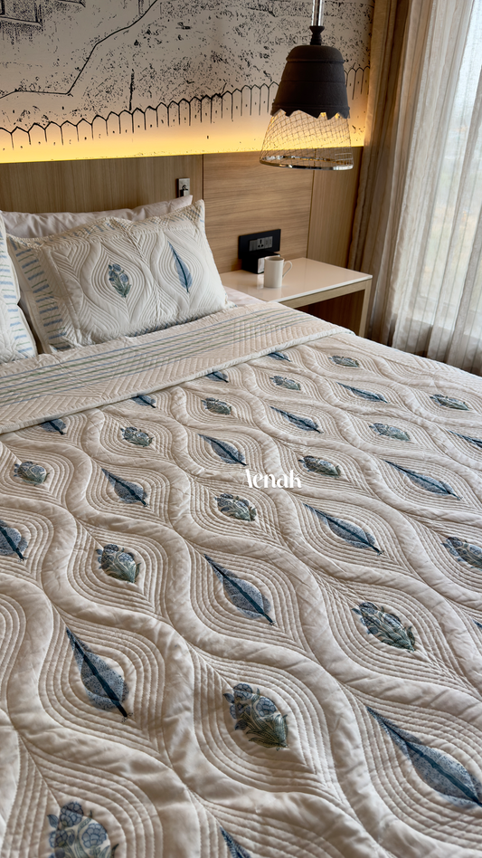 White Embossed Handblock Printed Quilted Bedcover