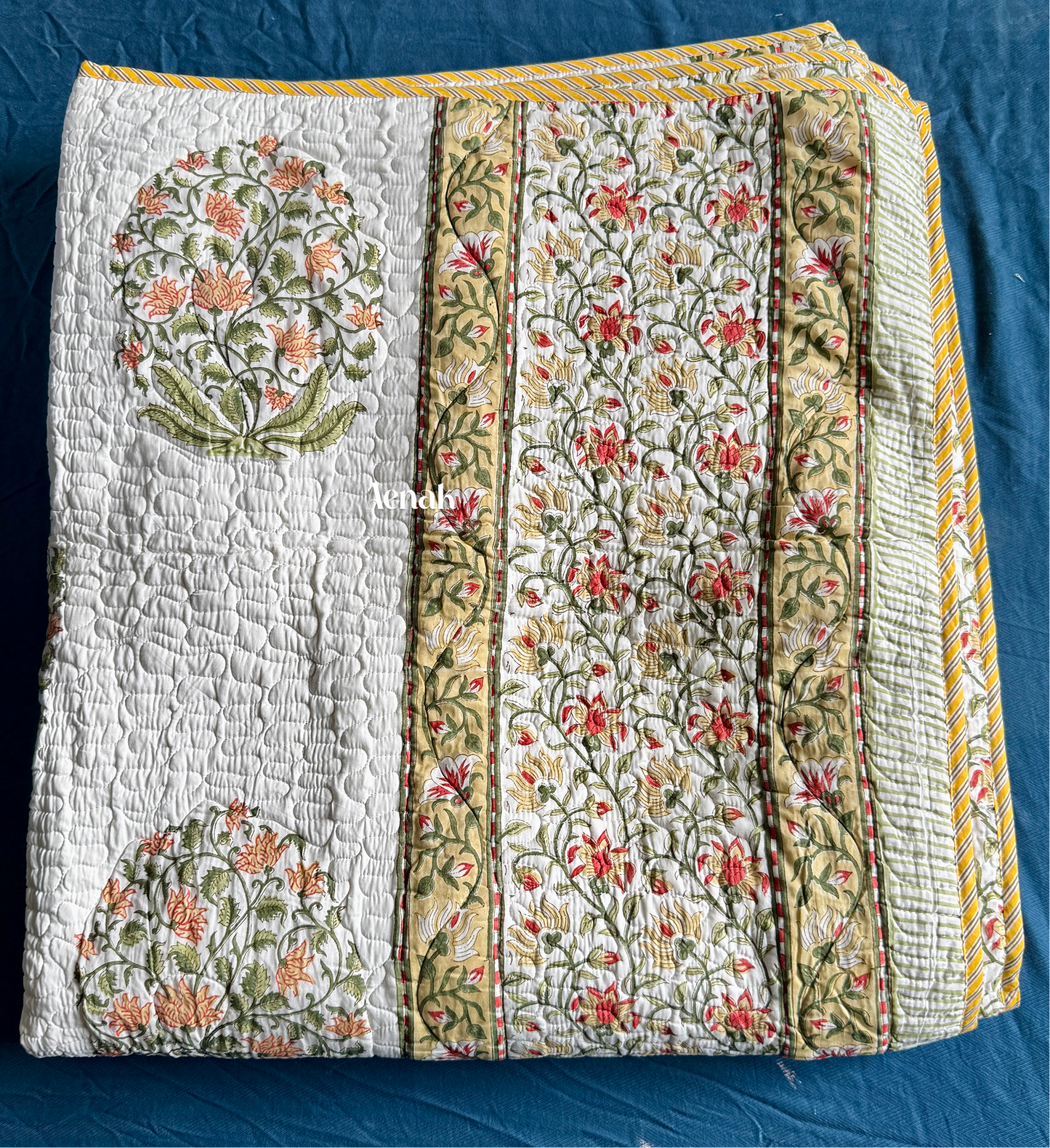 Yellow Phool Boota Handblock Printed Reversible Quilted Bedcover