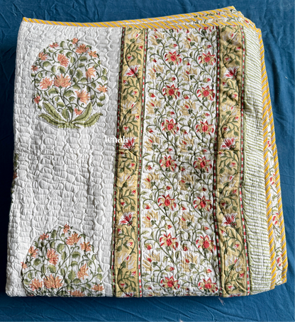 Yellow Phool Boota Handblock Printed Reversible Quilted Bedcover