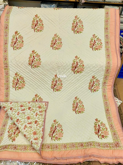 Peach Bird Boota Handblock Reversible Mulmul Cotton Single Quilt