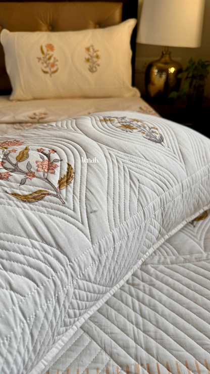 Peach Phool Embossed Handblock Quilted Bedcover Set