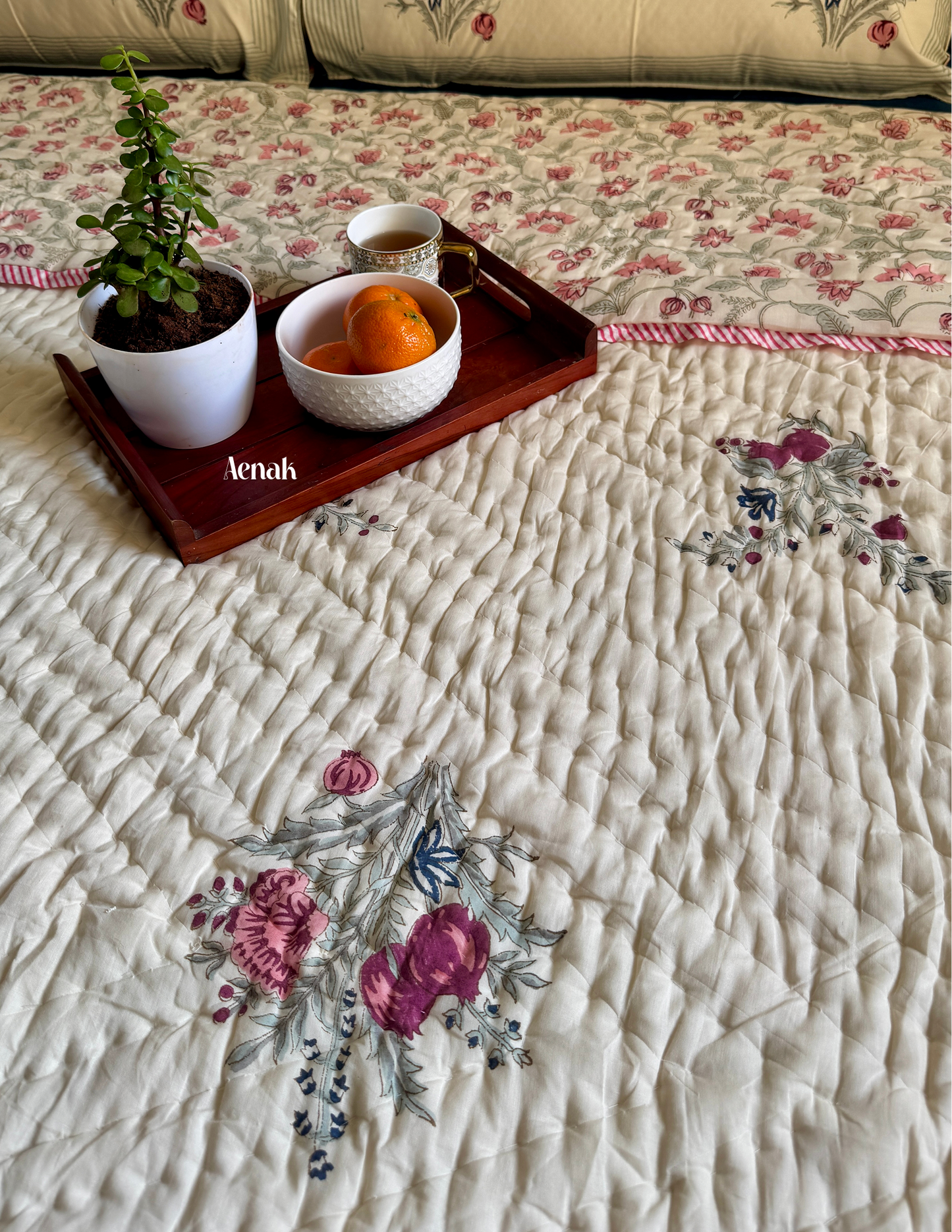 Burgundy Anaar Handblock Printed Reversible Mulmul Cotton Quilt (Beige Base)