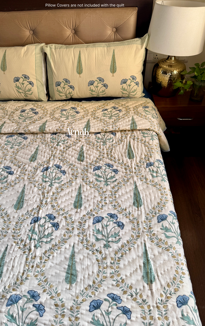 Blue Poppy Handblock Printed Reversible Mulmul Cotton Quilt (Beige Base)