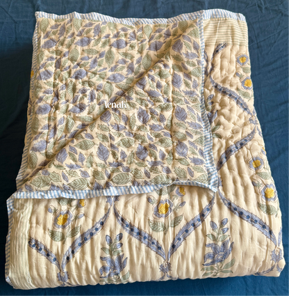 Blue Periwinkle Handblock Printed Reversible Mulmul Cotton Quilt (Beige Base)