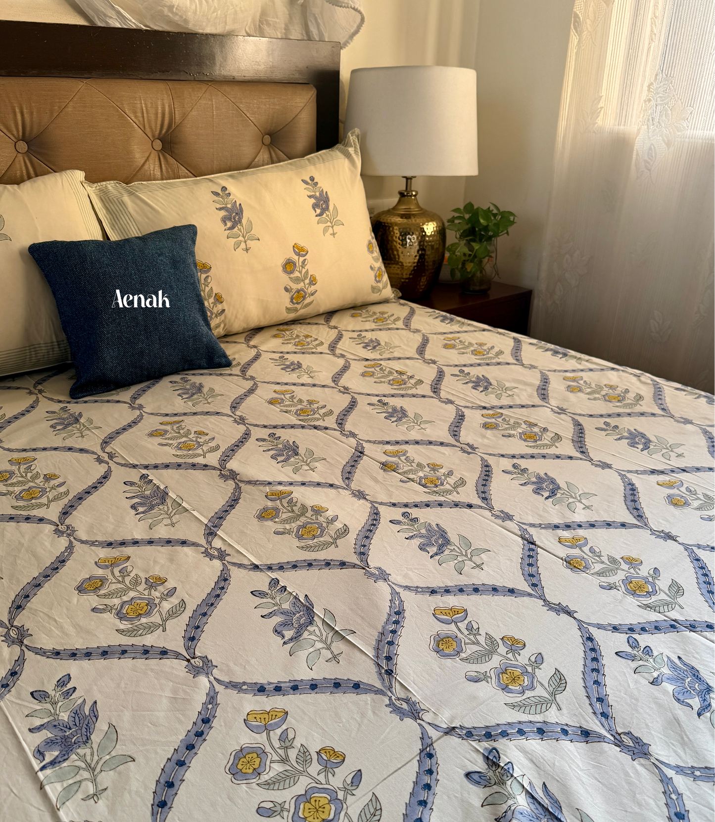 Blue Periwinkle Jaal Handblock Bedsheet + Dohar Combo (Beige Base)