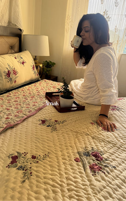 Burgundy Anaar Handblock Printed Reversible Mulmul Cotton Quilt (Beige Base)