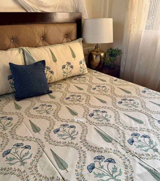 Blue Poppy Handblock Printed Premium Cotton Bedsheet Set (Beige Base)