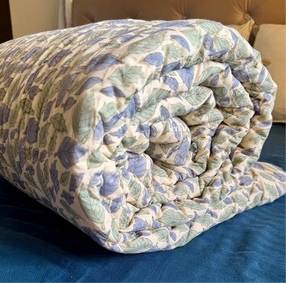 Blue Periwinkle Handblock Printed Reversible Mulmul Cotton Quilt (Beige Base)