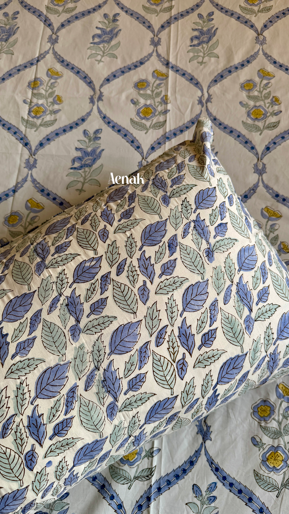 Blue Periwinkle Handblock Printed Premium Cotton Bedsheet Set (Beige Base)
