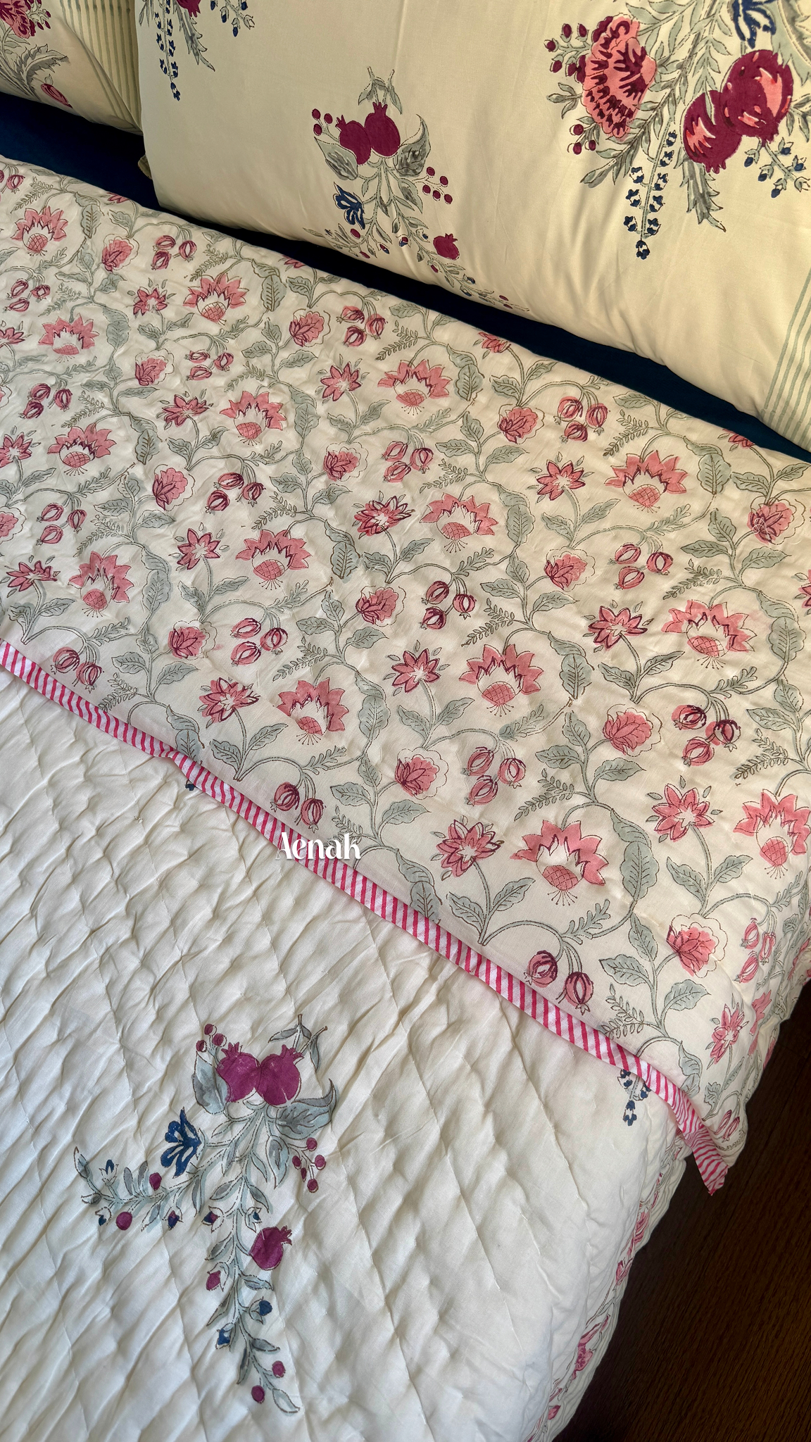 Burgundy Anaar Handblock Printed Reversible Mulmul Cotton Quilt (Beige Base)