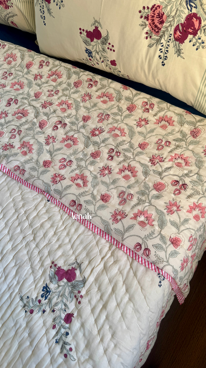 Burgundy Anaar Handblock Printed Reversible Mulmul Cotton Quilt (Beige Base)