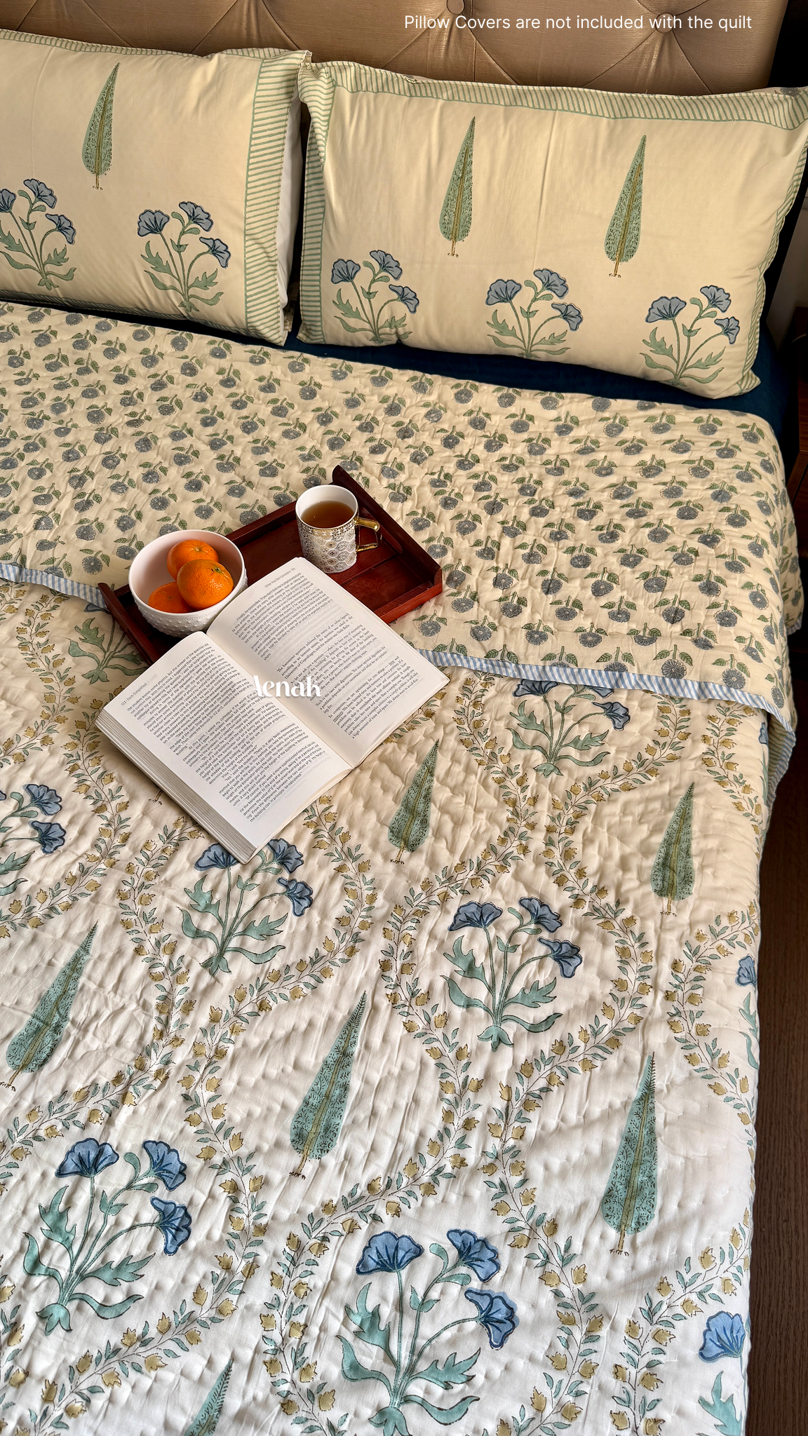 Blue Poppy Handblock Printed Reversible Mulmul Cotton Quilt (Beige Base)