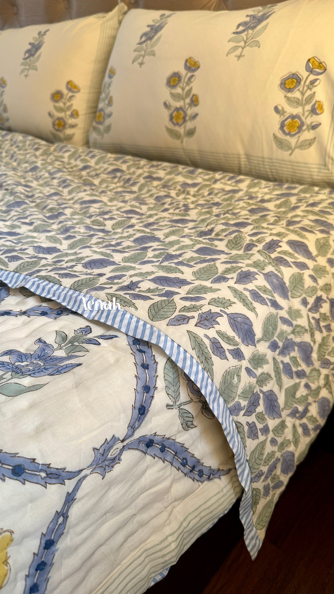 Blue Periwinkle Handblock Printed Reversible Mulmul Cotton Quilt (Beige Base)