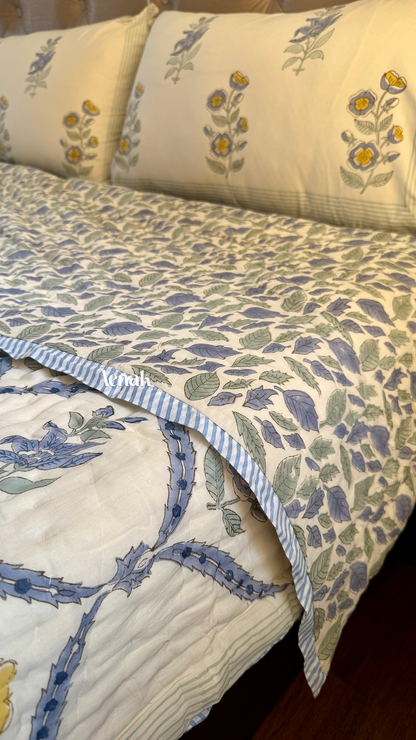 Blue Periwinkle Handblock Printed Reversible Mulmul Cotton Quilt (Beige Base)