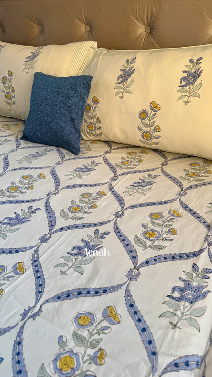 Blue Periwinkle Jaal Handblock Bedsheet + Dohar Combo (Beige Base)
