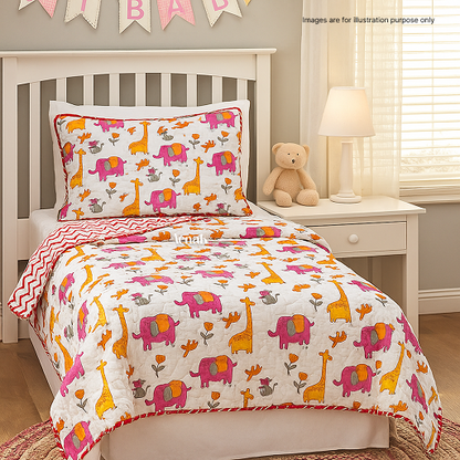 Orange Giraffe Handblock Printed Reversible Mulmul Cotton Blanket