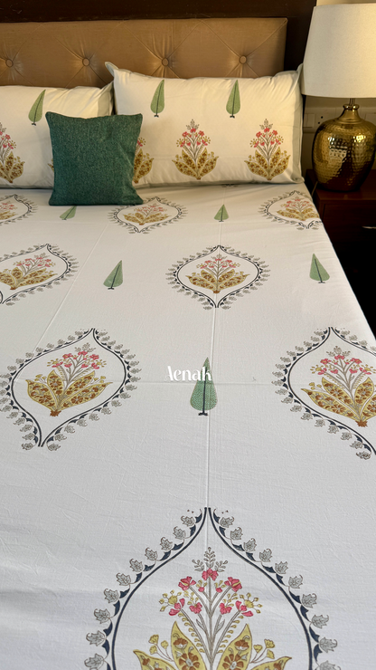 Yellow Grey Boota Handblock Printed Premium Cotton Bedsheet Set