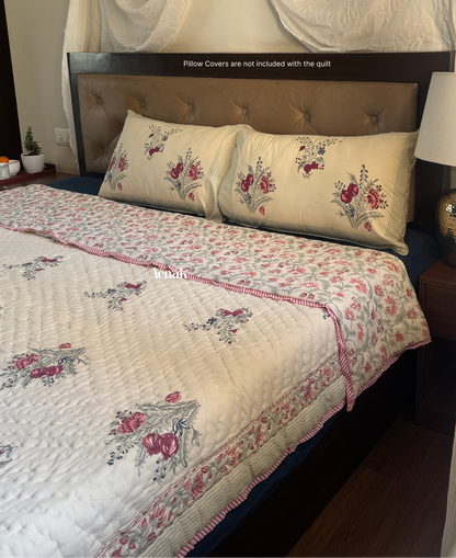 Burgundy Anaar Handblock Printed Reversible Mulmul Cotton Quilt (Beige Base)