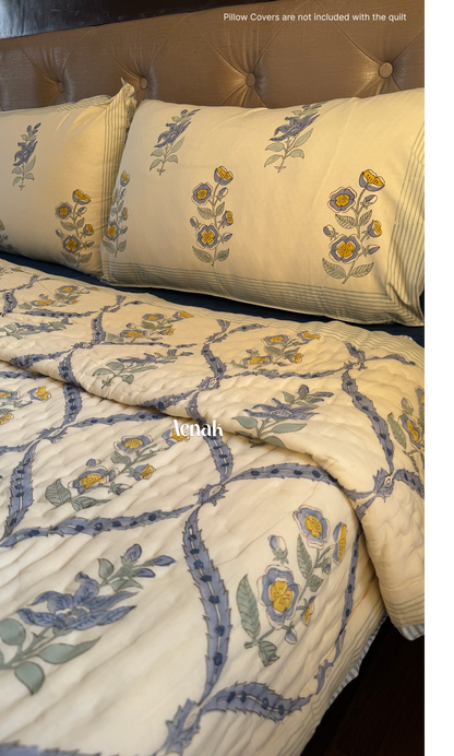 Blue Periwinkle Handblock Printed Reversible Mulmul Cotton Quilt (Beige Base)