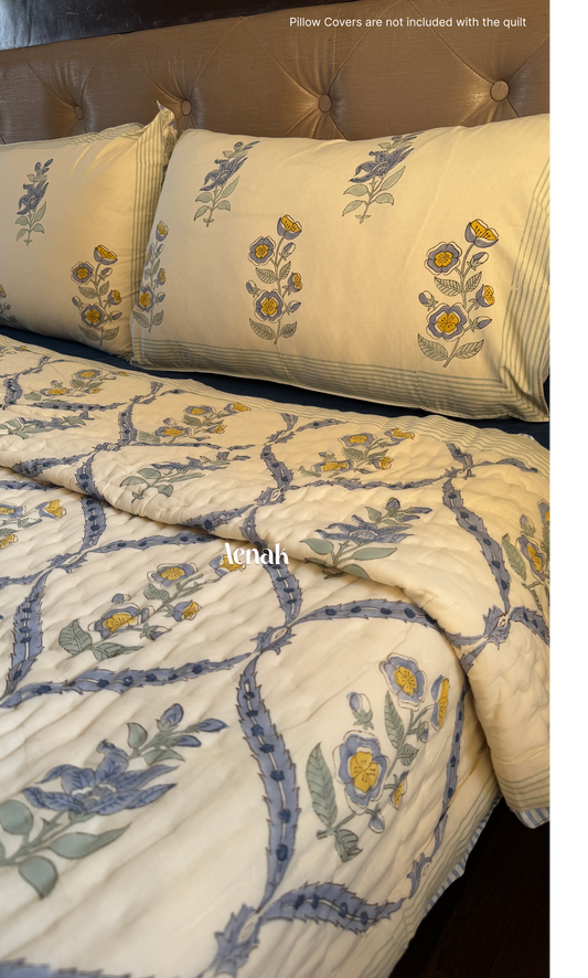 Blue Periwinkle Handblock Printed Reversible Mulmul Cotton Quilt (Beige Base)