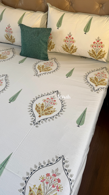 Yellow Grey Boota Handblock Printed Premium Cotton Bedsheet Set