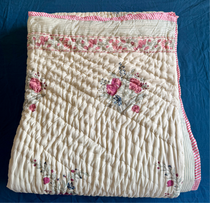 Burgundy Anaar Handblock Printed Reversible Mulmul Cotton Quilt (Beige Base)