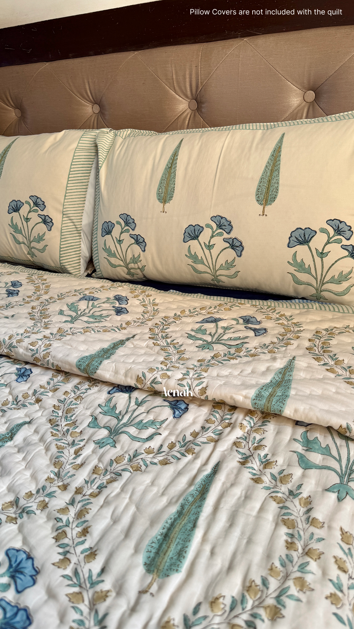 Blue Poppy Handblock Printed Reversible Mulmul Cotton Quilt (Beige Base)