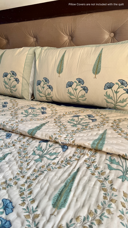 Blue Poppy Handblock Printed Reversible Mulmul Cotton Quilt (Beige Base)