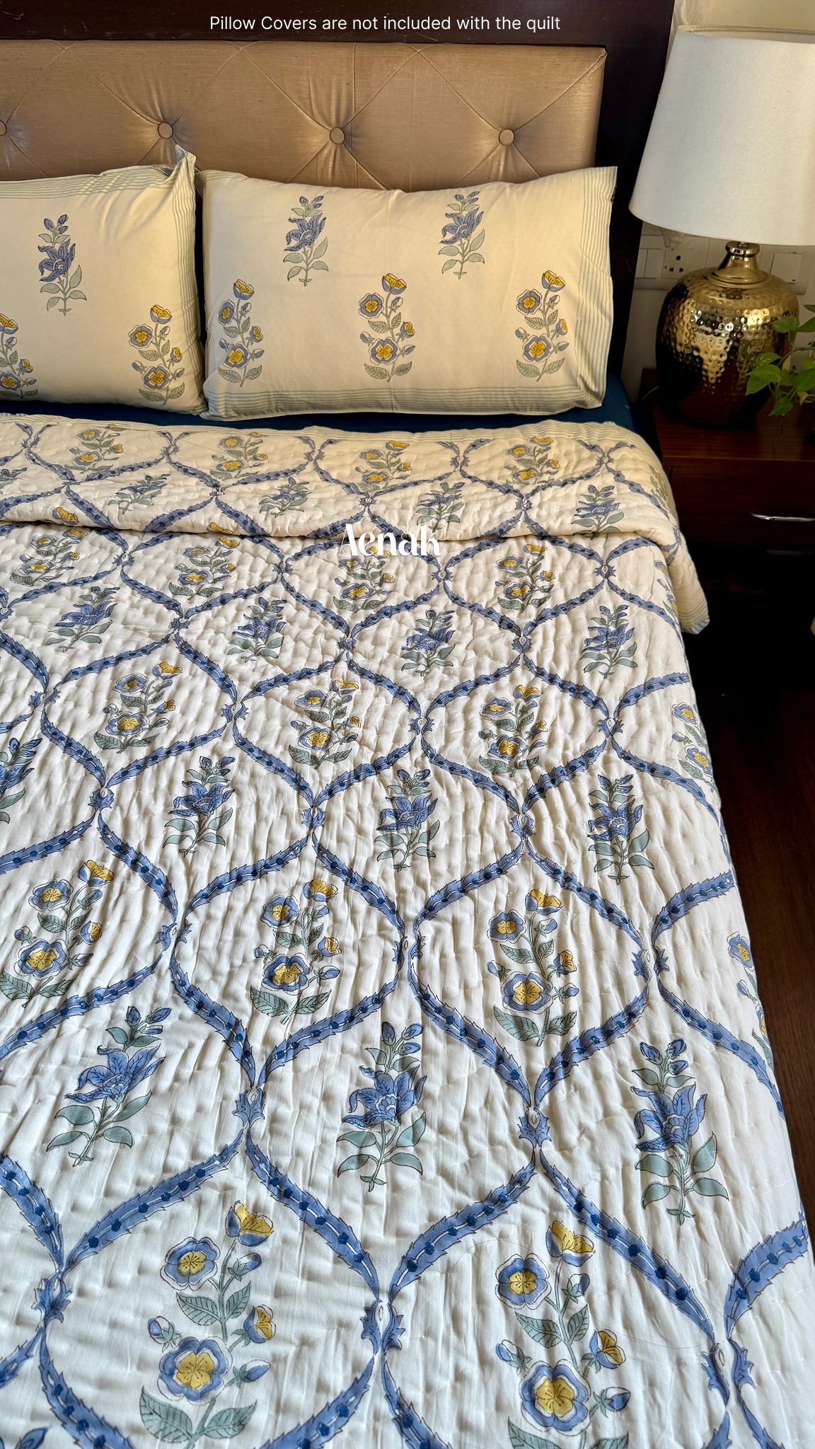 Blue Periwinkle Handblock Printed Reversible Mulmul Cotton Quilt (Beige Base)