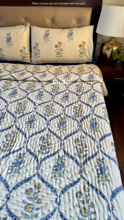 Blue Periwinkle Handblock Printed Reversible Mulmul Cotton Quilt (Beige Base)