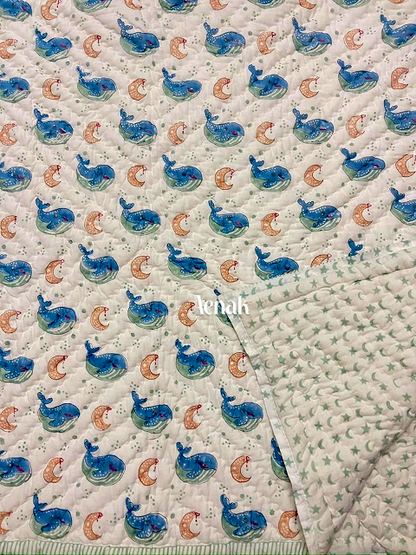 Blue Whale Handblock Printed Reversible Mulmul Cotton Blanket