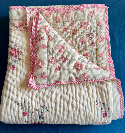 Burgundy Anaar Handblock Printed Reversible Mulmul Cotton Quilt (Beige Base)