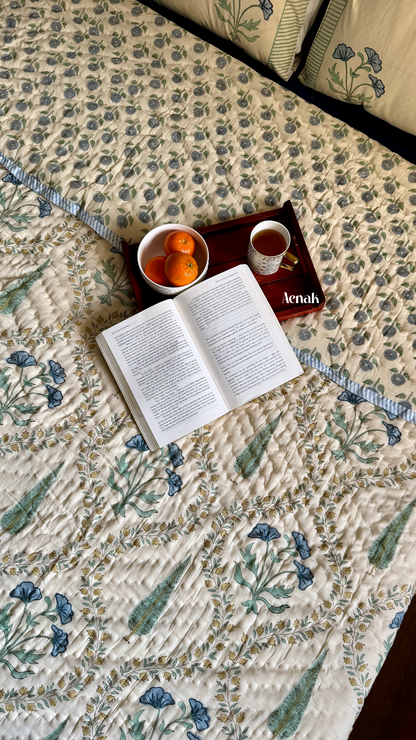Blue Poppy Handblock Printed Reversible Mulmul Cotton Quilt (Beige Base)