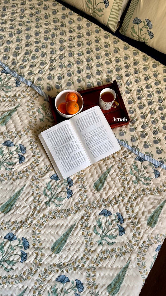 Blue Poppy Handblock Printed Reversible Mulmul Cotton Quilt (Beige Base)