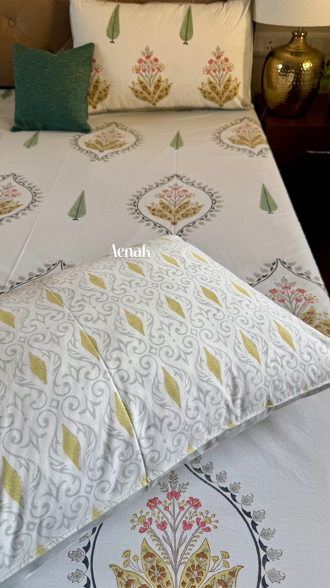 Yellow Grey Boota Handblock Printed Premium Cotton Bedsheet Set