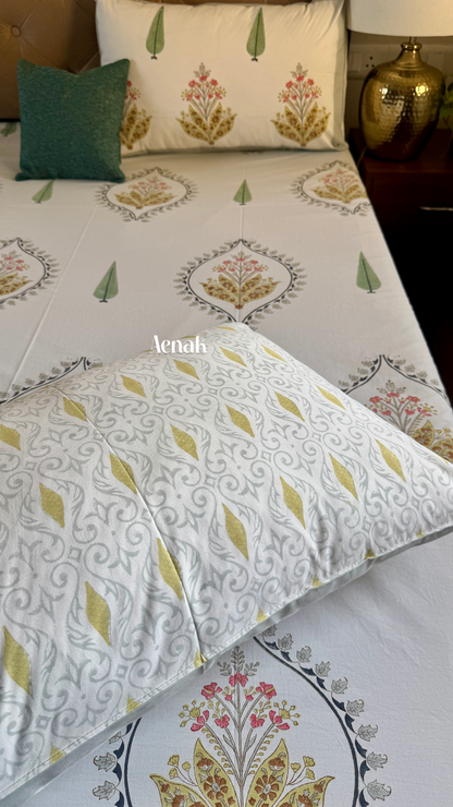 Yellow Grey Boota Handblock Printed Premium Cotton Bedsheet Set