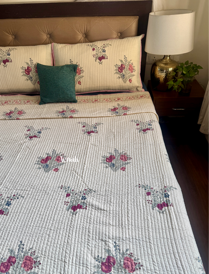 Burgundy Anaar Handblock Printed Reversible Straight Quilted Bedcover Set (Beige Base)