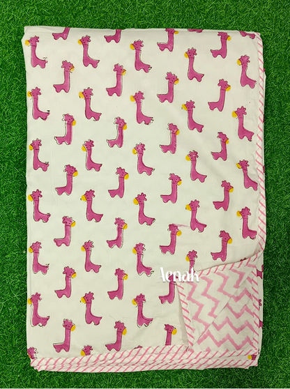 Pink Llama Handblock Printed Reversible Mulmul Cotton Dohar Blanket