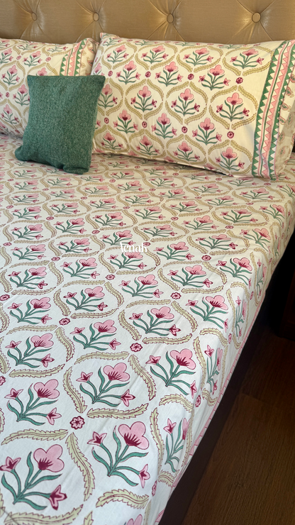 Pink & Green Cotton Bud Handblock Printed Premium Cotton Bedsheet Set