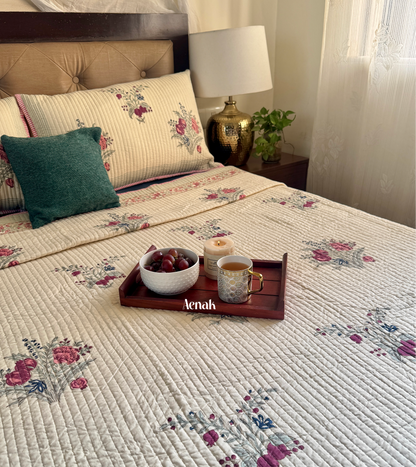 Burgundy Anaar Handblock Printed Reversible Straight Quilted Bedcover Set (Beige Base)