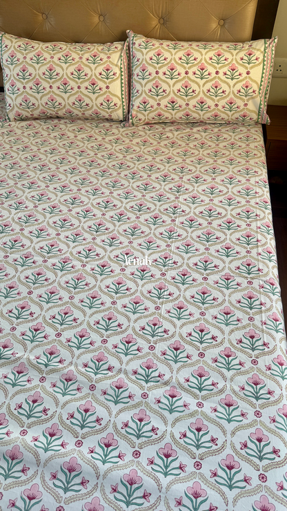 Pink & Green Cotton Bud Handblock Printed Premium Cotton Bedsheet Set