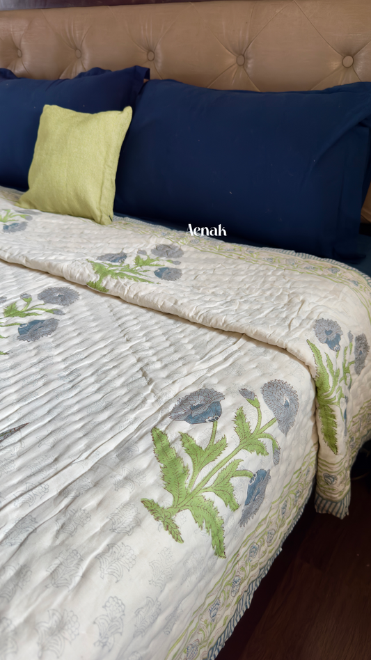 Blue Dahlia Handblock Bedsheet + Quilt Combo