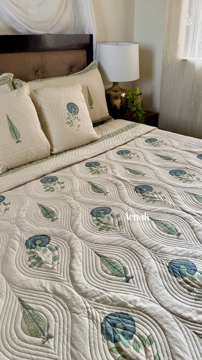 Beige Embossed Handblock Printed Quilted Bedcover (Non-White Base)