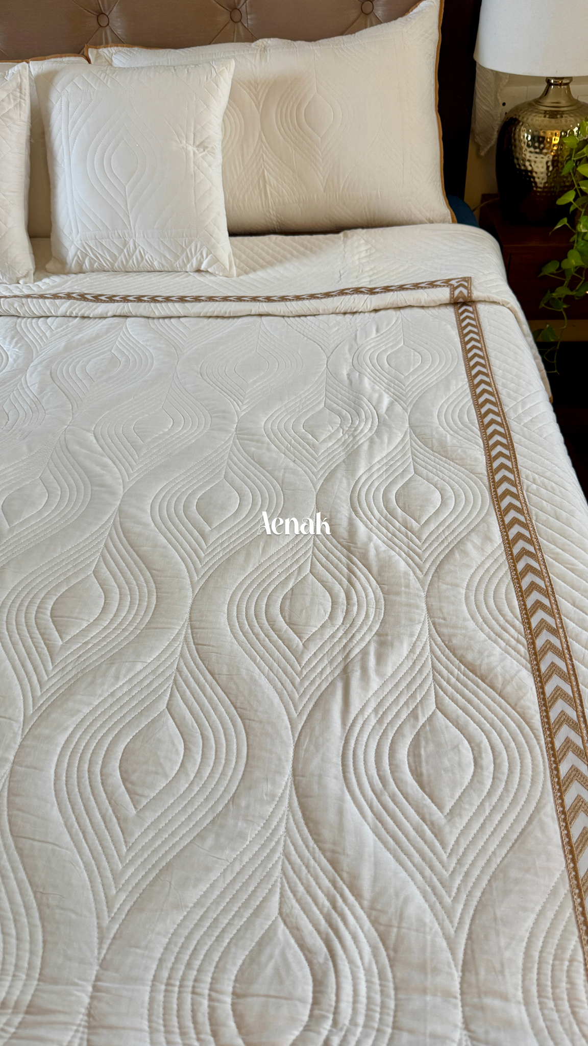 White Embossed Leaf Quilted Bedcover with Brown Lace