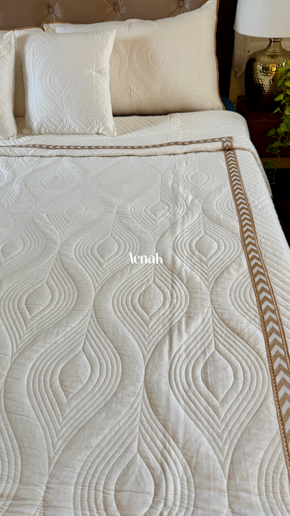 White Embossed Leaf Quilted Bedcover with Brown Lace
