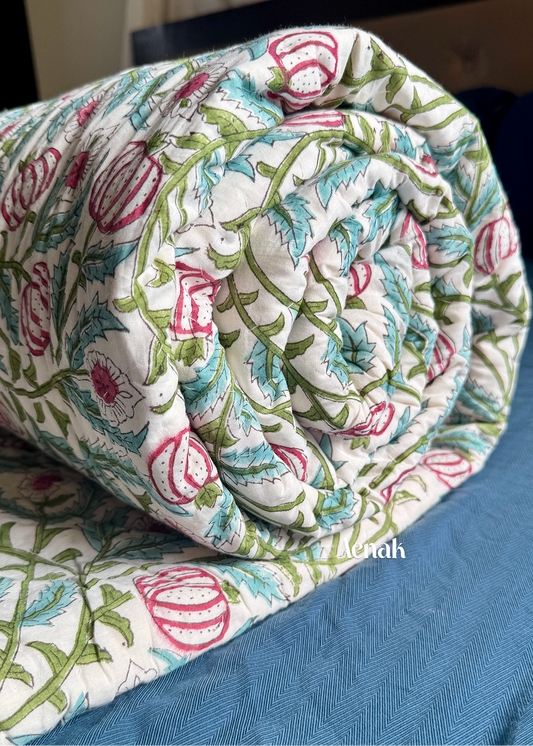 Red Anaar Handblock Bedsheet + Quilt Combo