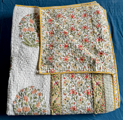 Yellow Phool Boota Handblock Printed Reversible Quilted Bedcover