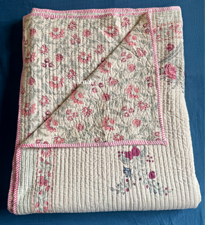 Burgundy Anaar Handblock Printed Reversible Straight Quilted Bedcover Set (Beige Base)