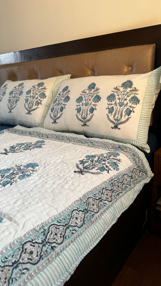 Teal Blue Dahlia Handblock Bedsheet + Quilt Combo